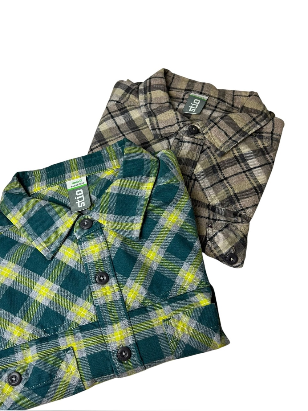 Stio Size Small Men’s Bundle Tan & Green  Plaid Flannel Button Front Shirts